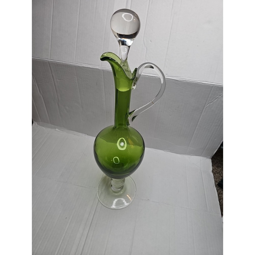 Green Art Glass Decanter Bottle with Stopper Hand Blown Style Vintage 17.5 inch - Picture 5 of 11